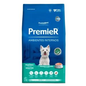 Racao Premier Ambientes Internos Caes Adultos Racas Pequenas Frango e Salmao 12kg frente